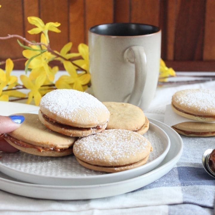 Alfajores cookies filled with dulce de leche and a cup of coffee