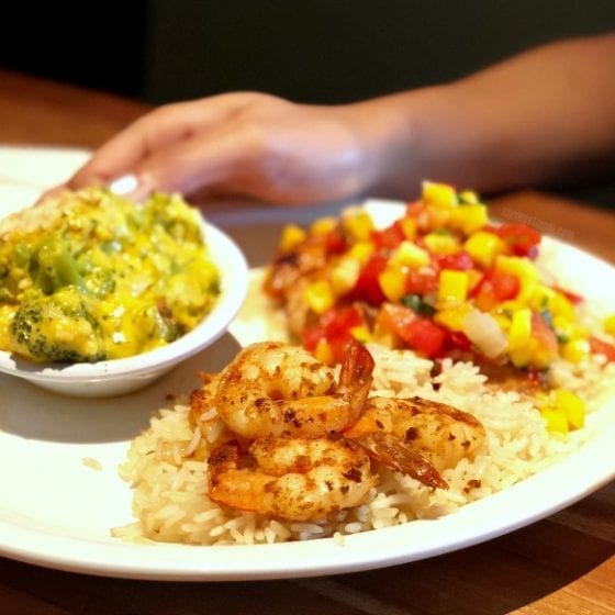 Blackened Salmon with Mango Salsa and Grilled Shrimp over rice and broccoli cheese casserole Cheddar's Restaurant summer menu