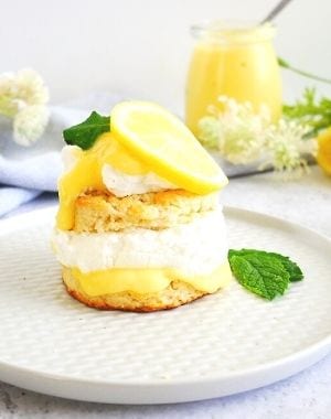 shortcake with lemon curd, whipped cream, lemon slices, fresh mint leaves, plated with kitchen towel napkin