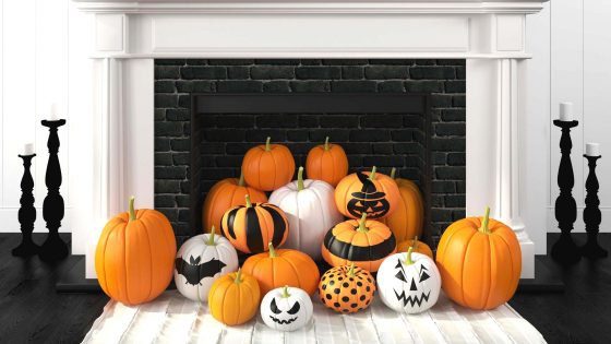 Pumpkin-fireplace-indoor-decorations-orange-white-and-black-Halloween-decor